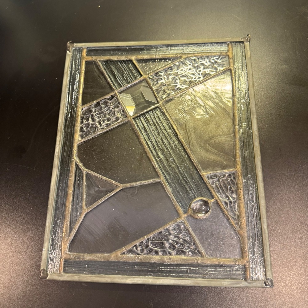 Handmade Stained Glass Suncatcher Panel Gray Clear Geometric Beveled 10x8 Art